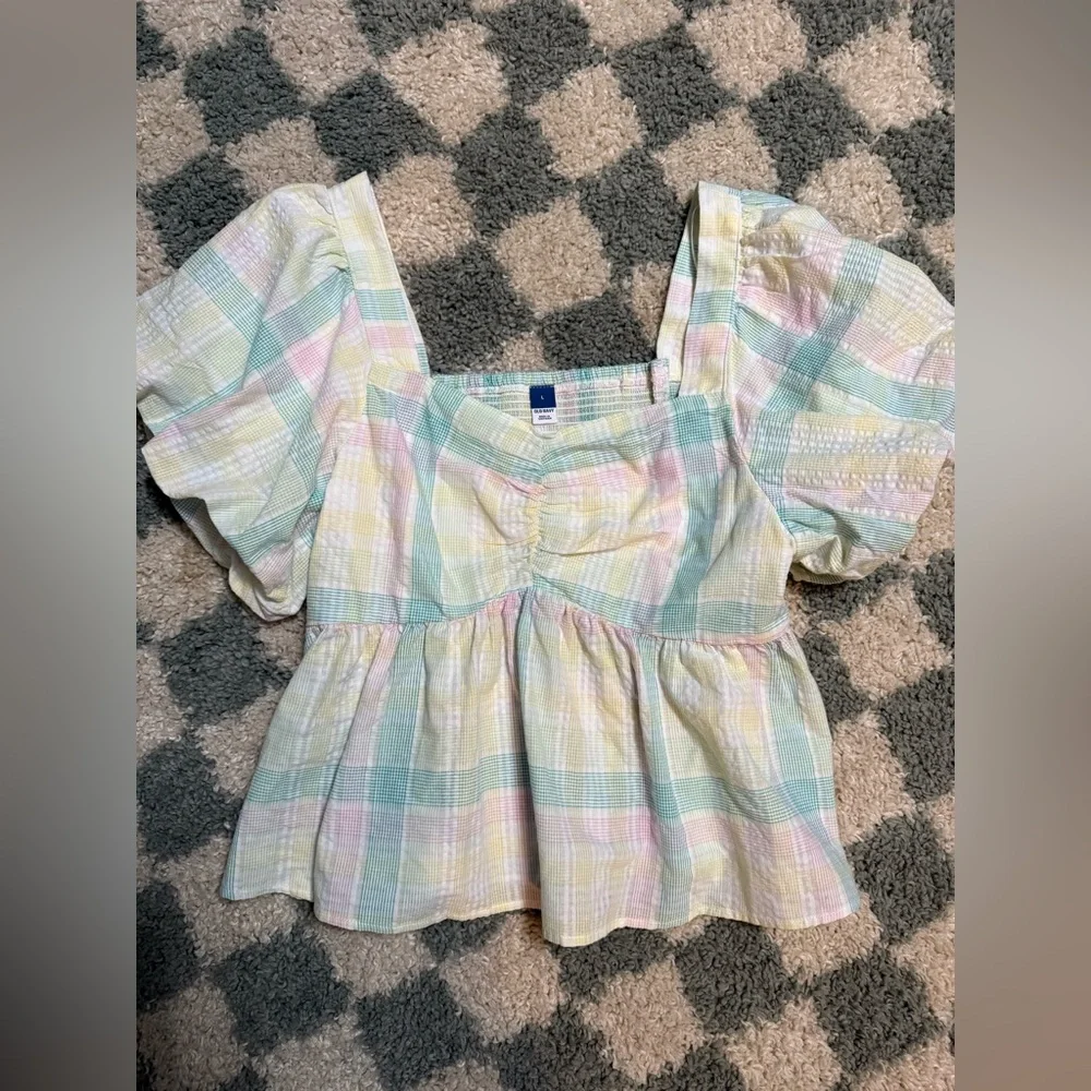 OLD NAVY NWT New With Tags Puff Sleeve Smocked Seersucker Babydoll Swing Blouse